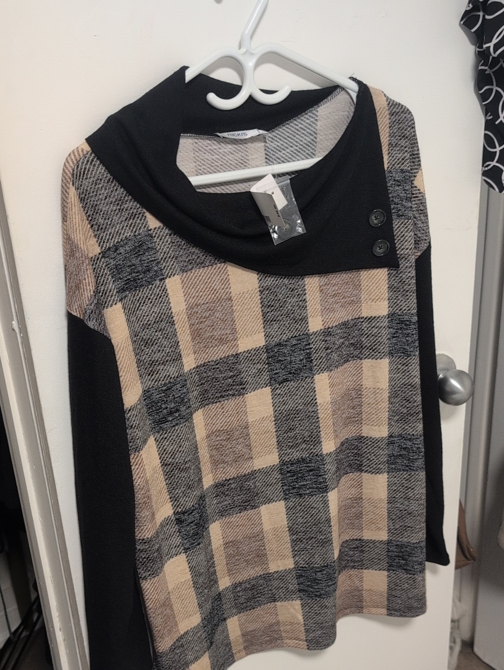 Ricki's Black and Beige Plaid Cowl Neck Sweater